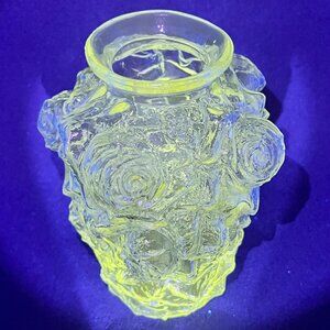 Vintage Goofus Clear Glass 7" Vase Roses Relief Embossed Rose Glows 1900's